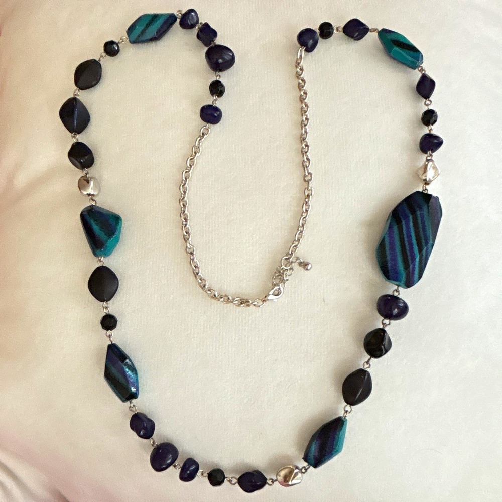 Long Beaded Statement Necklace Navy Teal Striped Resin Beads Silver Tone Chain